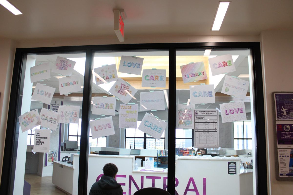 Colored signs from students outside Central library